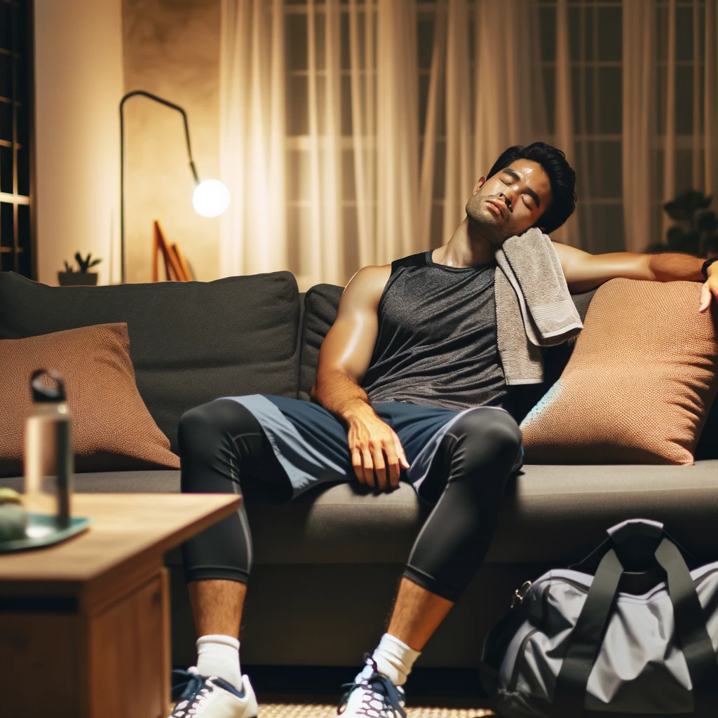 Dall·e 2024 06 27 07.54.50 A Person Resting On A Couch After Coming Home From The Gym. The Individual Is Wearing Workout Clothes Including A Tank Top And Shorts With A Towel A