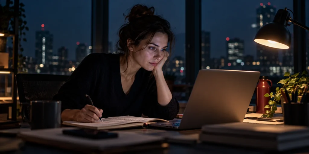 Tired person working at a desk late at night.