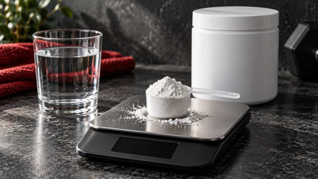 Unbranded creatine powder measured on a digital scale beside water.
