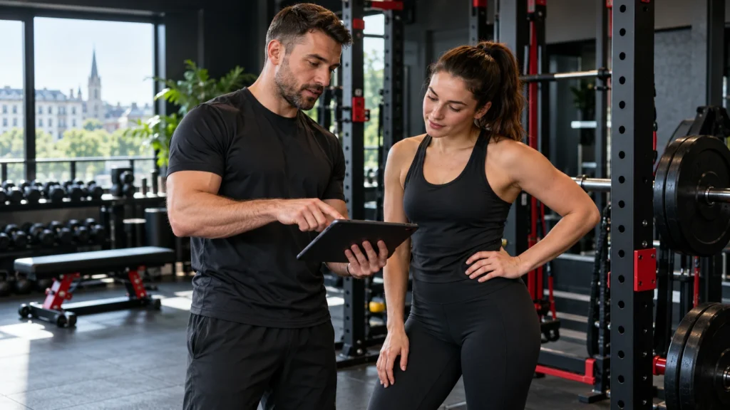 Coach and client discussing a training plan on a tablet in a gym.